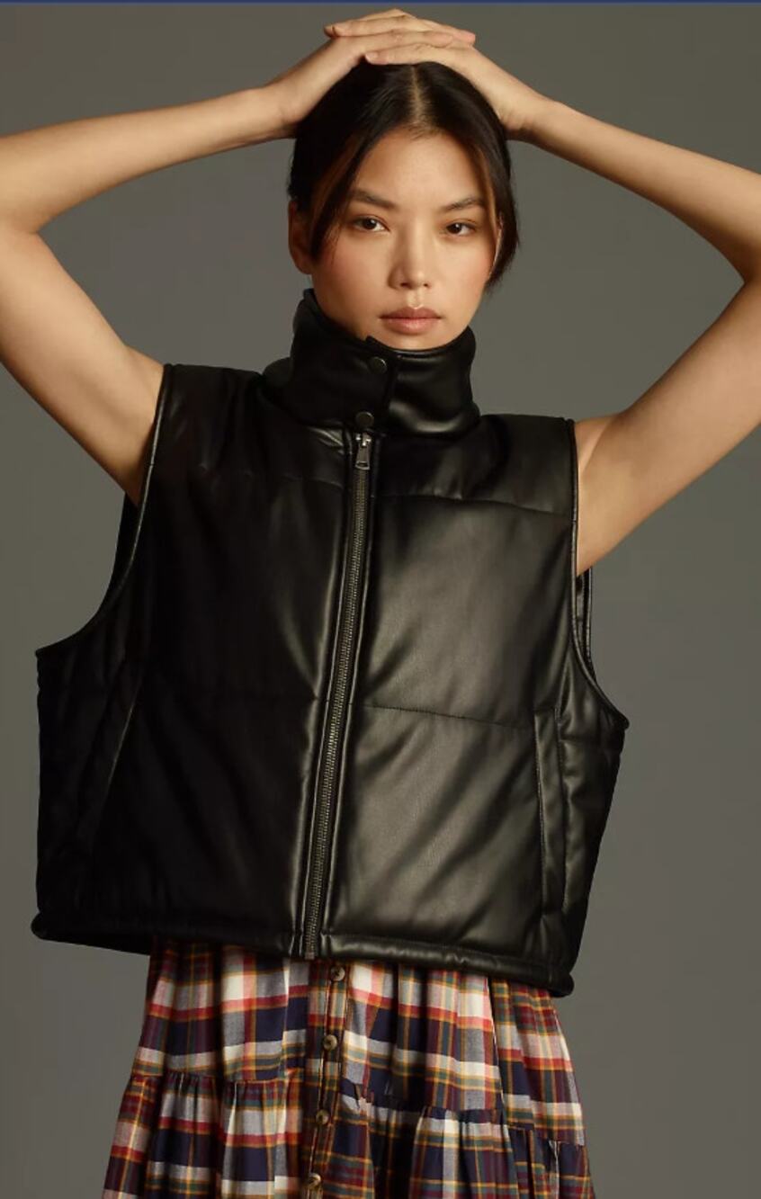 New Anthropologie Cropped Black Faux-Leather Puffer Vest - Size L/XL